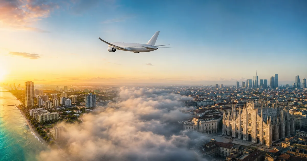 Avión sin marcas sobre una transición aérea entre la costa de Miami y el perfil urbano de Milán