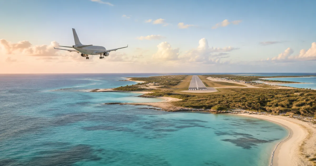 Avión regional sin marcas acercándose a una pista en una isla caribeña rodeada de aguas turquesas