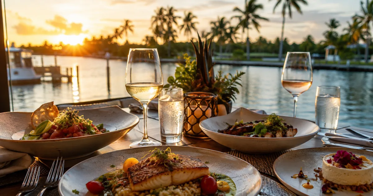 Elegant waterfront table with varied dishes and a Fort Lauderdale coastal atmosphere