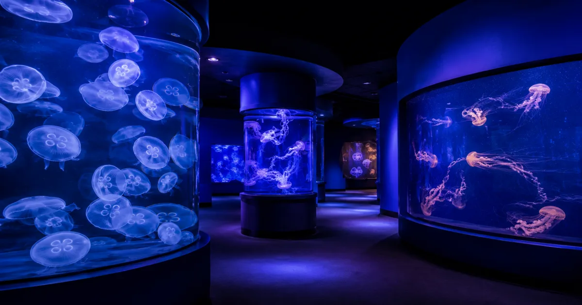 Galería oscura de acuario con medusas luminosas en tanques panorámicos
