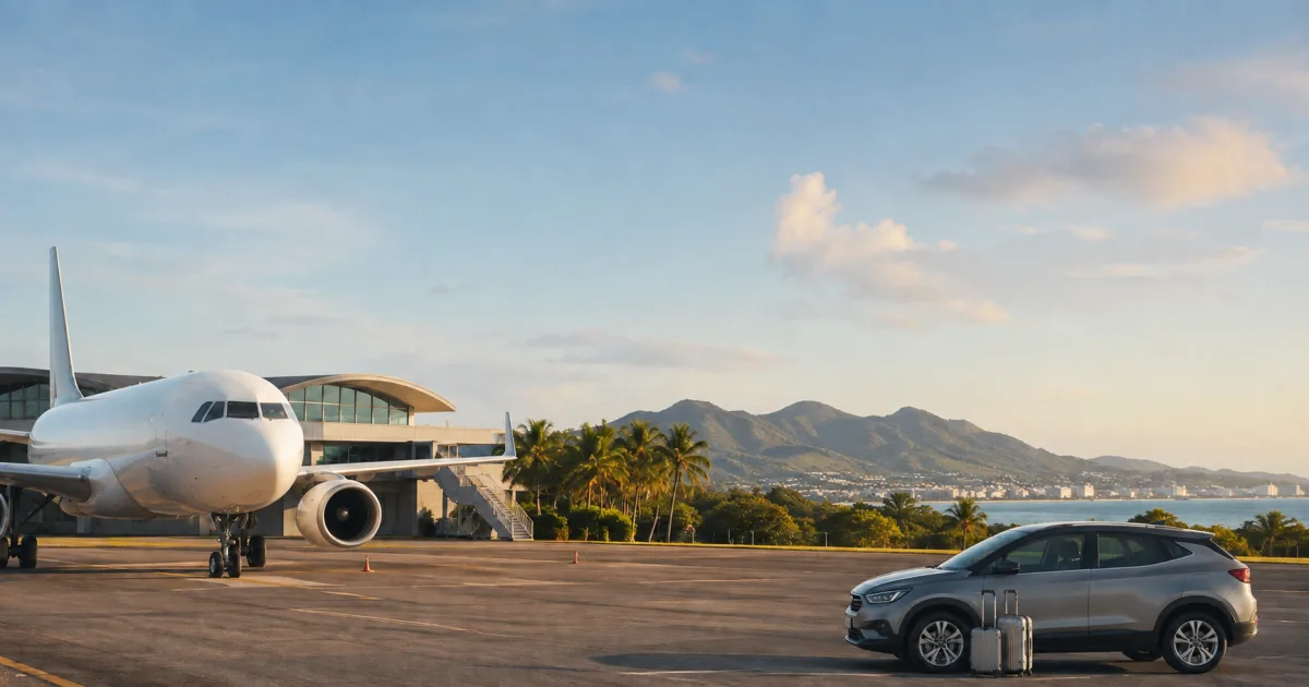 Avión comercial genérico junto a un aeropuerto tropical con costa, vehículo y equipaje, sin marcas ni texto
