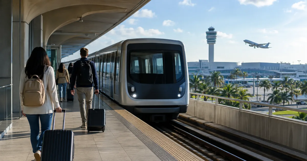 Viajeros con equipaje junto a un tren urbano en una estación conectada con un aeropuerto