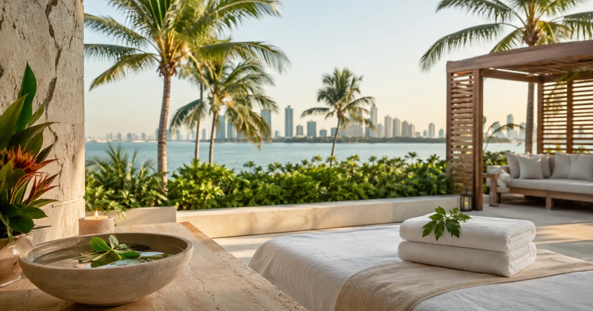 Terraza de spa tropical frente al agua y el horizonte de Miami, con toallas blancas y palmeras