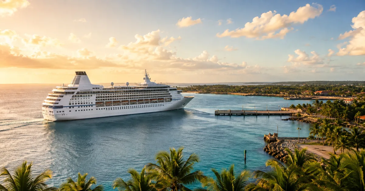 Crucero blanco genérico saliendo de un puerto tropical dominicano al amanecer.