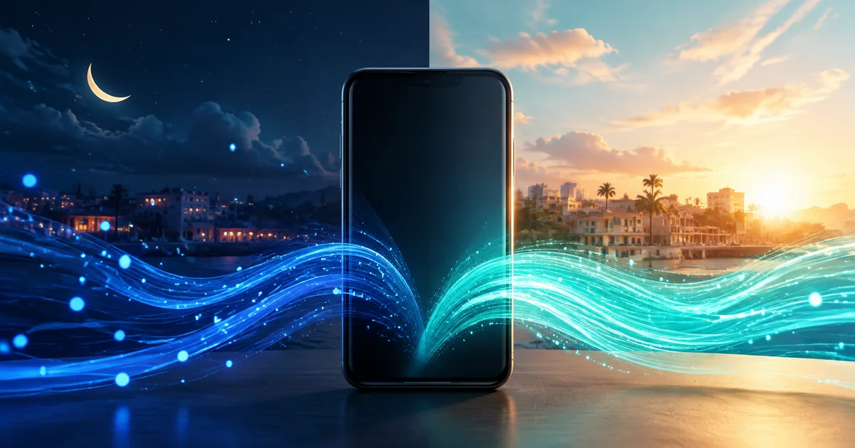 Teléfono sin marcas entre una escena nocturna azul y otra diurna turquesa, como comparación visual de dos beneficios de conectividad
