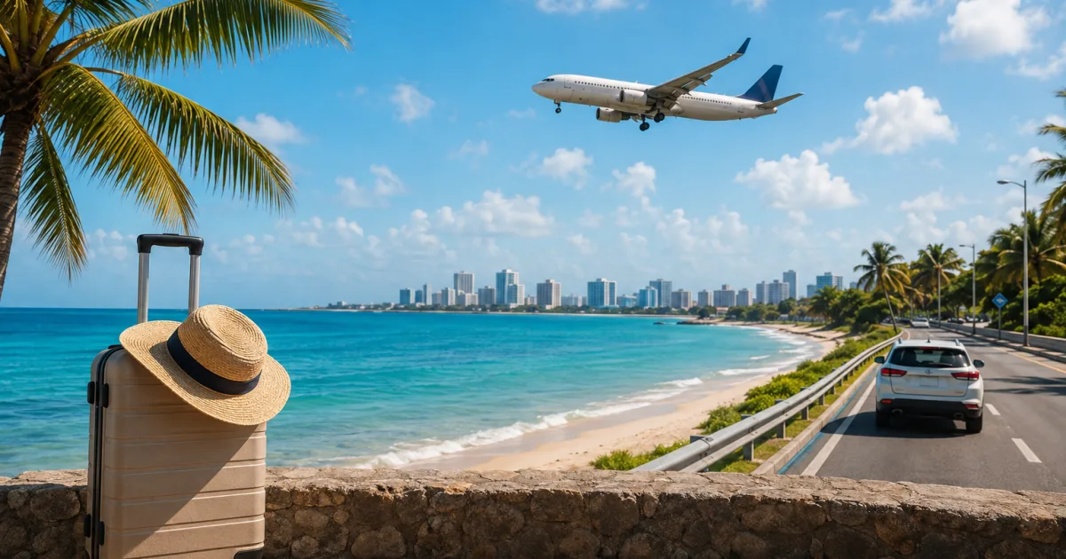 Maleta de viaje y sombrero frente a una costa tropical urbana con un avión aproximándose a la ciudad
