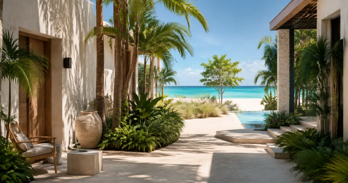Patio de hotel boutique caribeño con sendero hacia una playa de agua turquesa