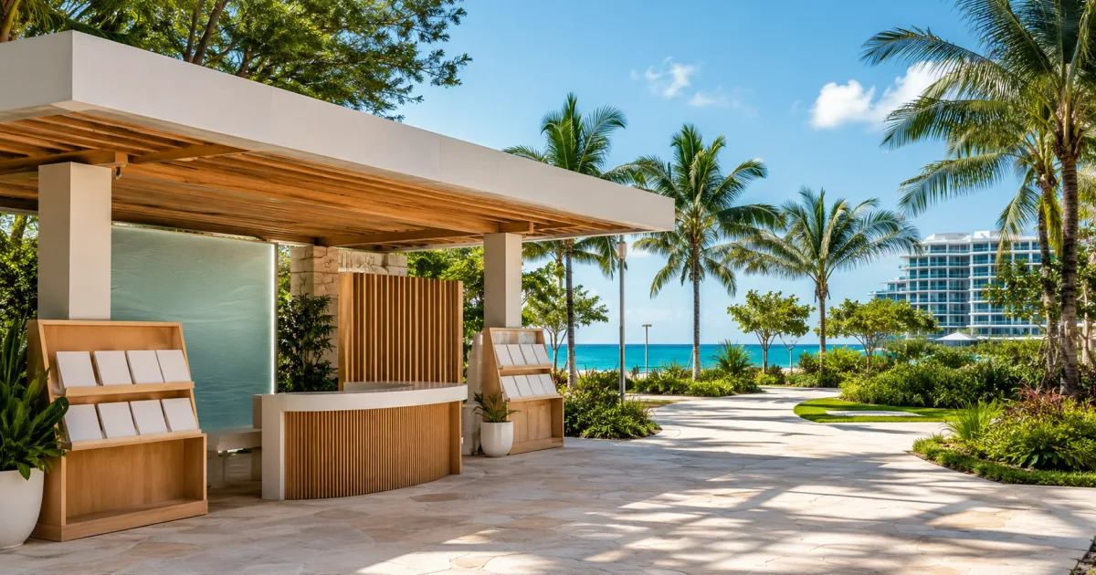 Pabellón de orientación turística junto a un parque tropical y la costa de Sunny Isles Beach