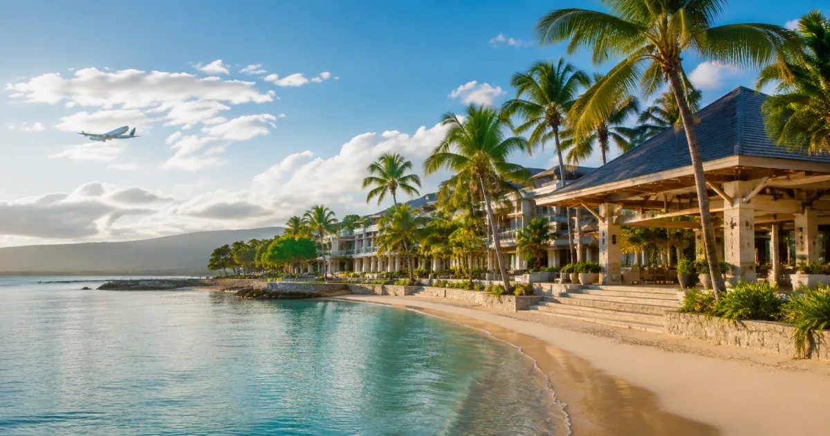 Montego Bay coastline with a generic tropical hotel, palm trees, and the Caribbean Sea in morning light