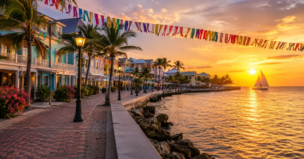 Tropical Key West waterfront at sunset with palm trees, festive streamers, and a sailboat