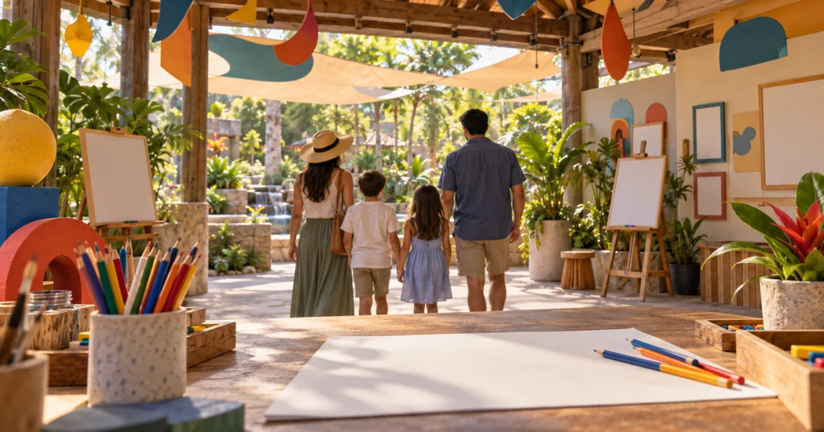 Family entering a generic animation workshop with pencils and abstract shapes