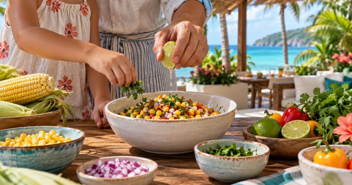 A child's and an adult's hands preparing a corn salad in a tropical pavilion overlooking the Caribbean Sea