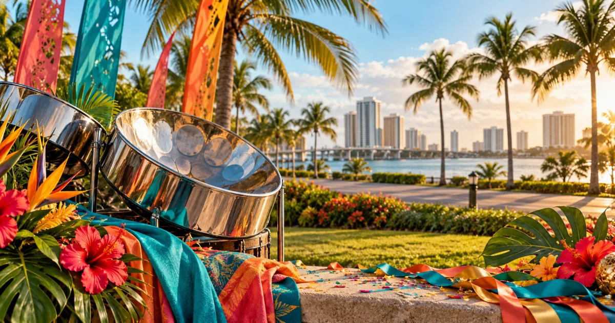 Steel pans and Caribbean decorations beside palms and the South Florida skyline