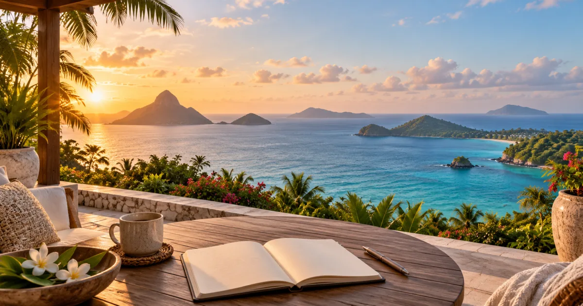 Unbranded Caribbean terrace with an open notebook overlooking the sea and several islands on the horizon