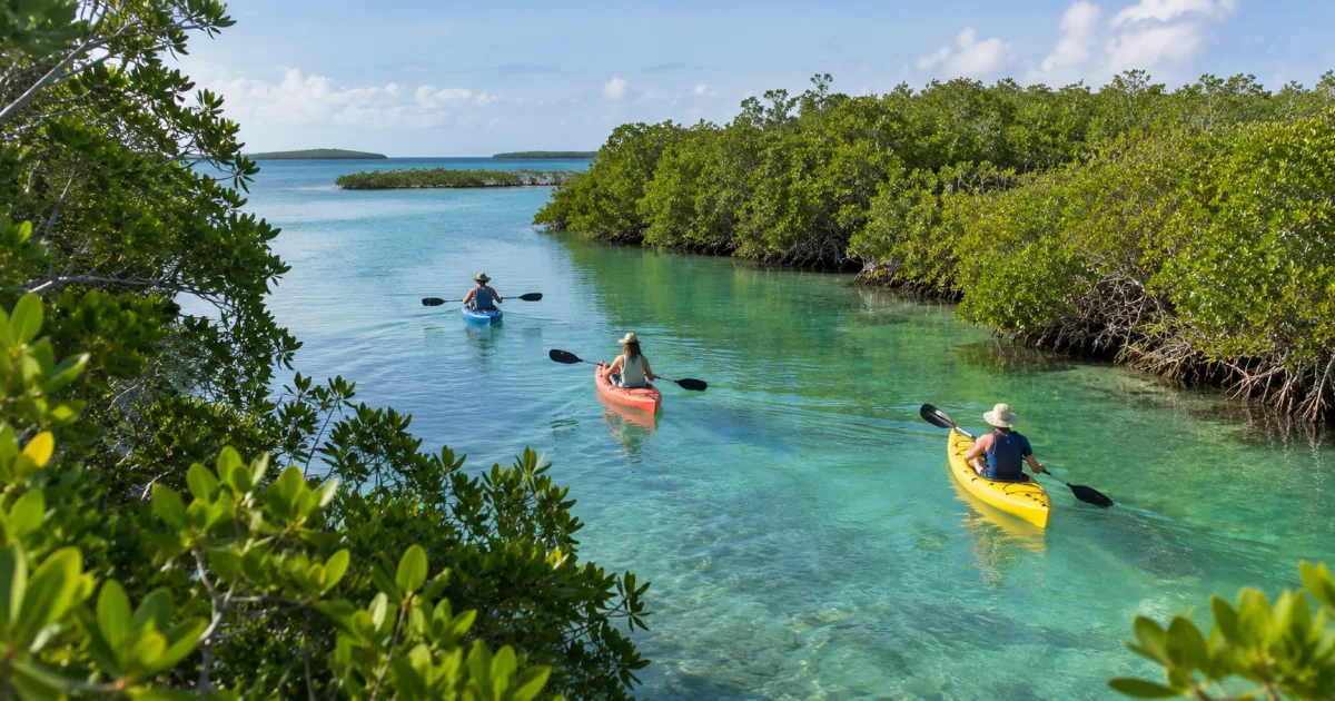 Unbranded kayaks moving through a mangrove channel on a bright Florida Keys morning