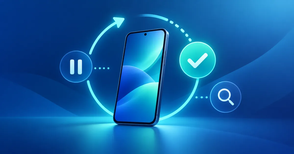 Un teléfono móvil genérico muestra un ciclo luminoso de recarga recurrente con una marca de verificación y controles abstractos.