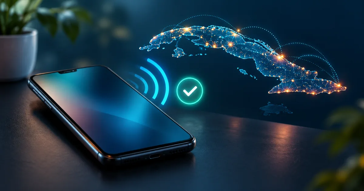 Teléfono móvil genérico con señal de conexión y mapa luminoso de Cuba, sin logos ni texto.