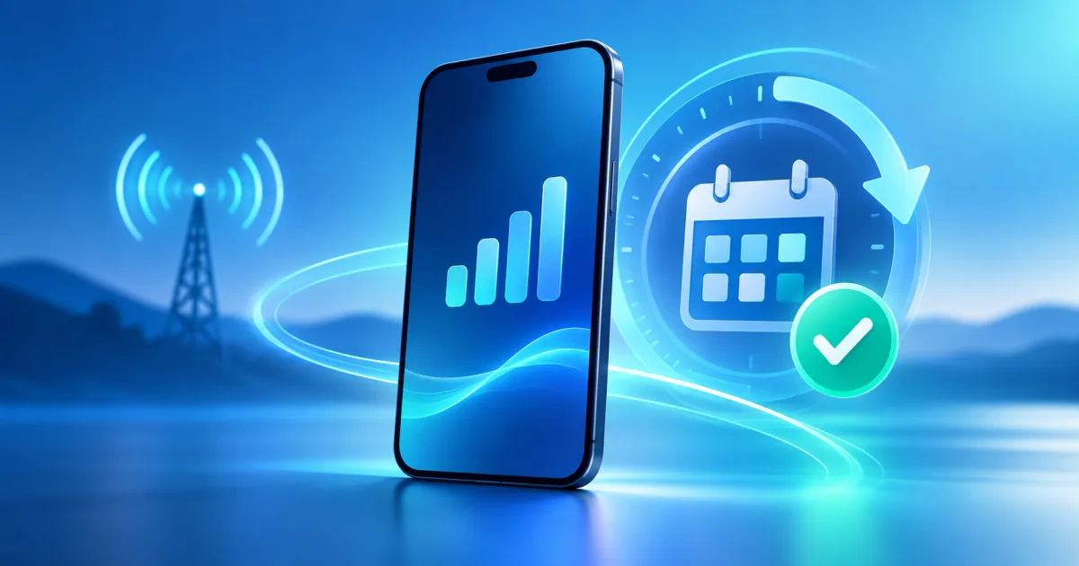 Un teléfono móvil genérico muestra un calendario circular, barras de datos y una marca de verificación que representan la vigencia de un plan.