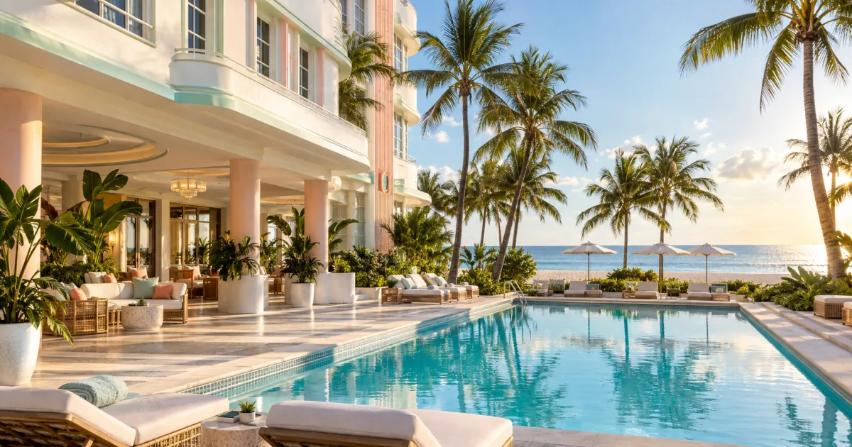 Oceanfront Art Deco hotel with a pool and palm trees in South Beach