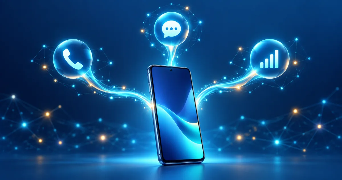 Teléfono móvil genérico conectado a símbolos abstractos de llamadas, mensajes y datos mediante líneas luminosas azules.