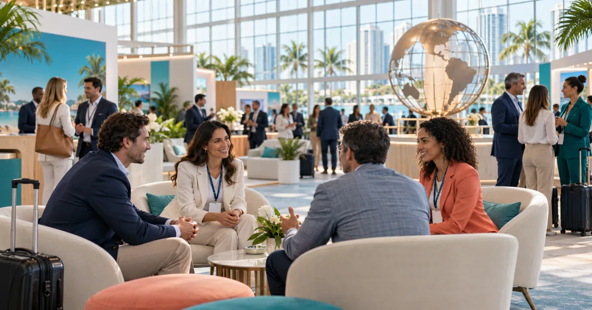 Travel professionals network in a modern Miami exhibition hall with a tropical atmosphere