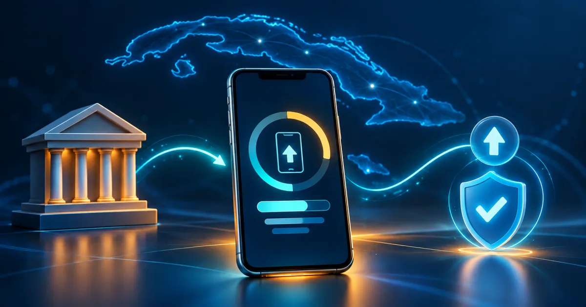 Teléfono genérico con una interfaz abstracta de carga, un banco, un escudo de verificación y un mapa luminoso de Cuba.