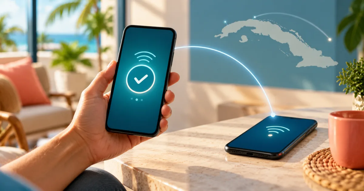 Una persona verifica en un teléfono el estado de una recarga mientras otro móvil aparece conectado a Cuba.