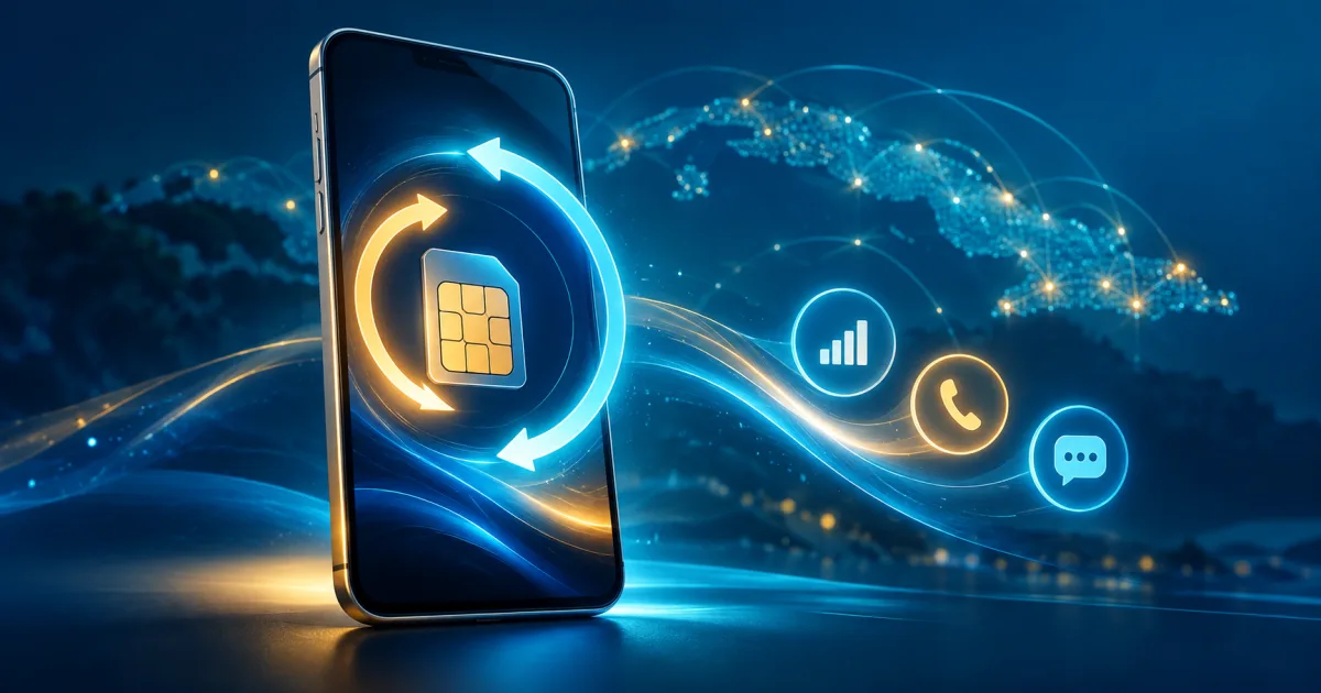 Teléfono genérico con tarjeta SIM, flechas circulares y símbolos de datos, llamadas y mensajes sobre un mapa luminoso de Cuba.