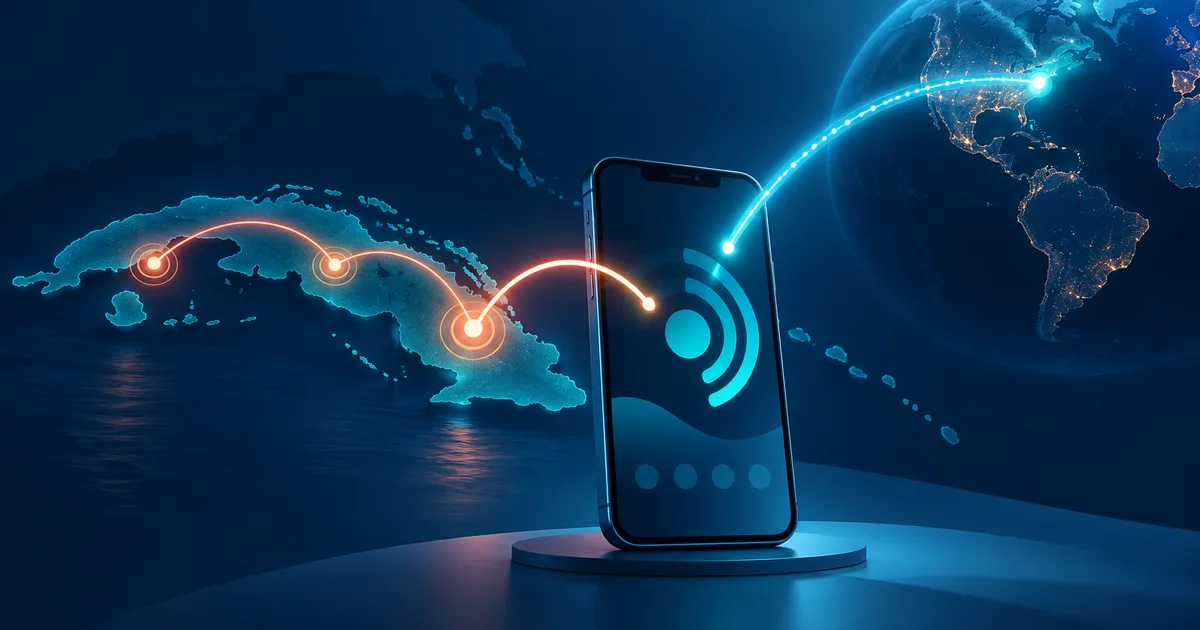 Teléfono móvil genérico conectado por una ruta local sobre Cuba y otra ruta internacional que llega desde el exterior.