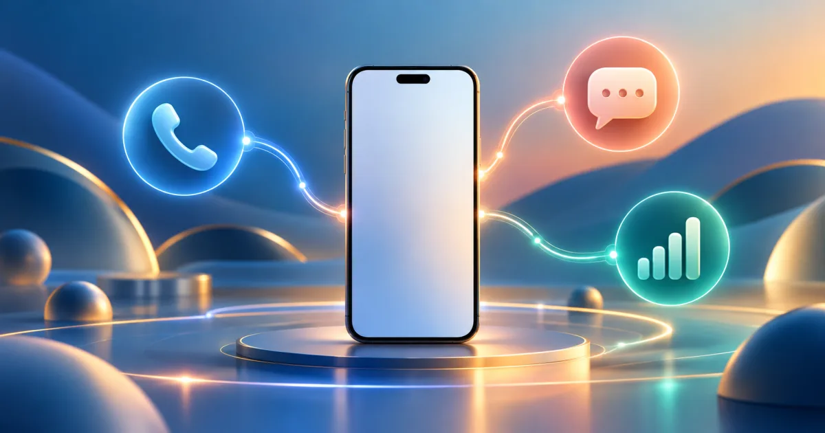 Teléfono móvil genérico conectado a símbolos abstractos de llamadas, mensajes y datos móviles.